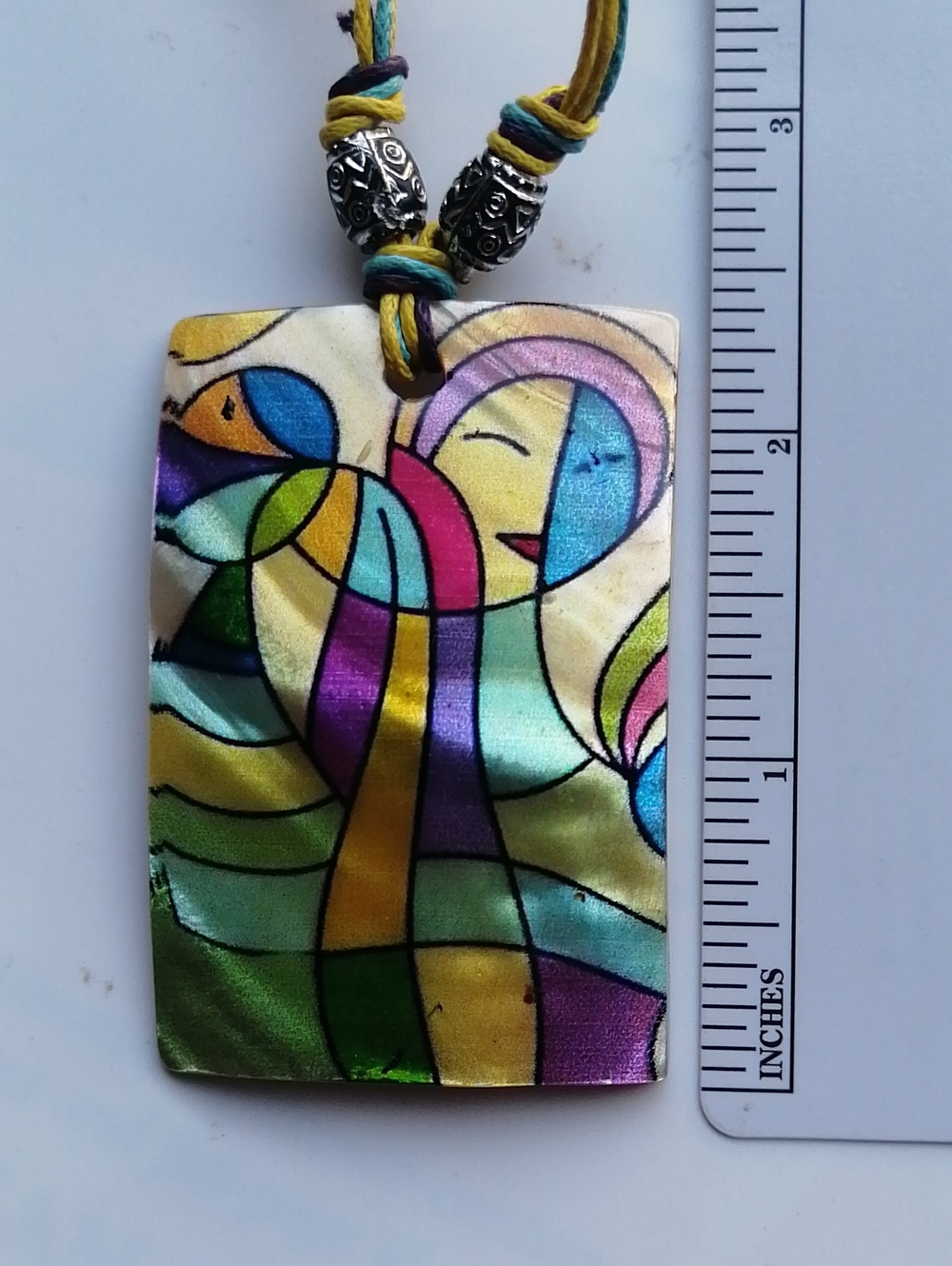 Multicolour Abstract Modernist Cubist MOP Shell Rectangular Pendant Necklace - Picture 5 of 7